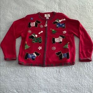 Vintage Tiara Red Cardigan with Festive Dog Embroidery